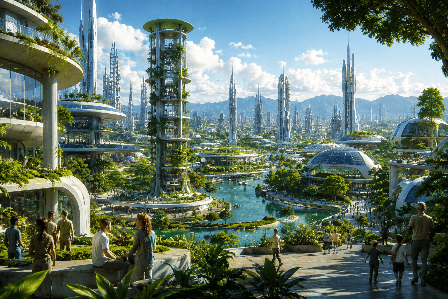 Futuristic sustainable city with green architecture and modern energy-efficient buildings